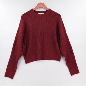 Women's Burgundy Crop Sweater Large Ribbed Drop Shoulder Fuzzy School Academia